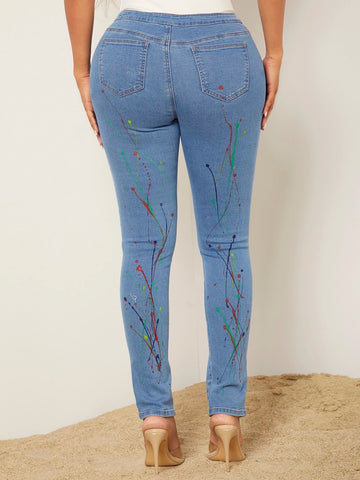 Graphic Print Asymmetrical Waist Split Hem Skinny Jeans Graphic Print Asymmetrical Waist Split Hem Skinny Jeans