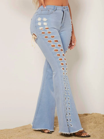 Ripped Cut Out Front Raw Hem Flare Leg Jeans Ripped Cut Out Front Raw Hem Flare Leg Jeans