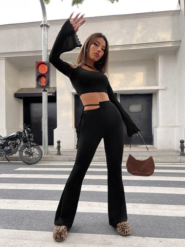 Asymmetric Neck Flounce Sleeve Crop Tee Asymmetric Neck Flounce Sleeve Crop Tee