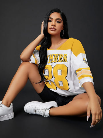 Colorblock & Letter Graphic Drop Shoulder Longline Tee Colorblock & Letter Graphic Drop Shoulder Longline Tee