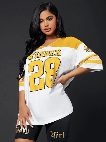 Colorblock & Letter Graphic Drop Shoulder Longline Tee Colorblock & Letter Graphic Drop Shoulder Longline Tee