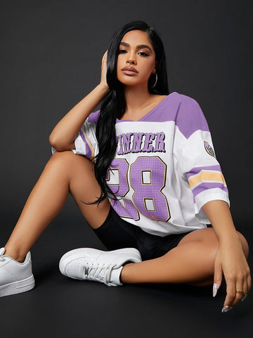 Colorblock & Letter Graphic Drop Shoulder Longline Tee Colorblock & Letter Graphic Drop Shoulder Longline Tee