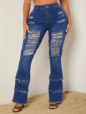 Cutout Ladder Ripped Boot Cut Jeans Cutout Ladder Ripped Boot Cut Jeans