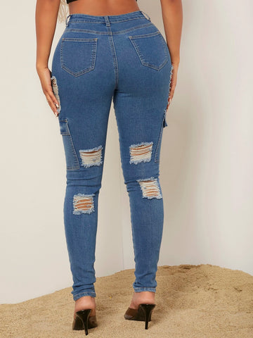 High Waist Ripped Frayed Flap Pocket Side Skinny Jeans High Waist Ripped Frayed Flap Pocket Side Skinny Jeans