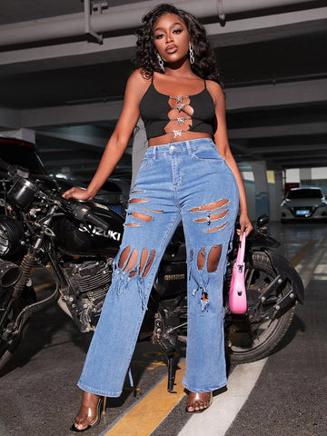 SXY High Waist Cut Out Ripped Frayed Jeans SXY High Waist Cut Out Ripped Frayed Jeans