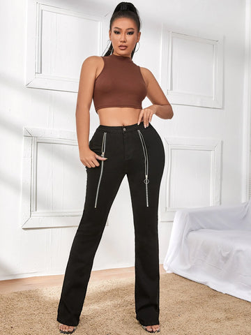 High Waist Zip Detail Bootcut Leg Jeans High Waist Zip Detail Bootcut Leg Jeans