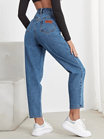 Letter Patch High Waist Mom Cropped Jeans Letter Patch High Waist Mom Cropped Jeans