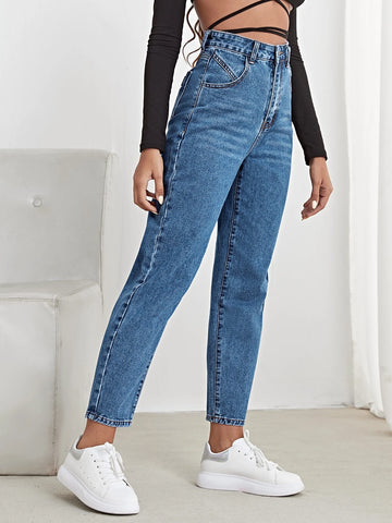 Letter Patch High Waist Mom Cropped Jeans Letter Patch High Waist Mom Cropped Jeans