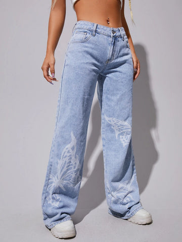 Butterfly Print Wide Leg Jeans Butterfly Print Wide Leg Jeans