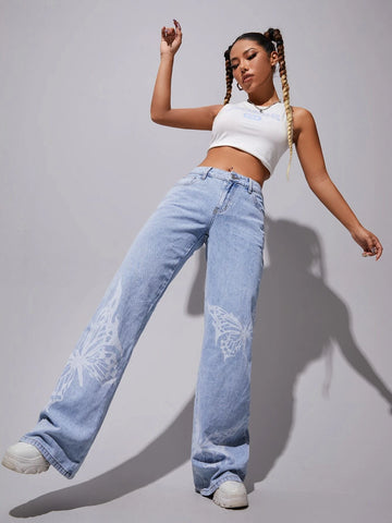 Butterfly Print Wide Leg Jeans Butterfly Print Wide Leg Jeans