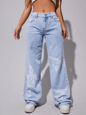 Butterfly Print Wide Leg Jeans Butterfly Print Wide Leg Jeans