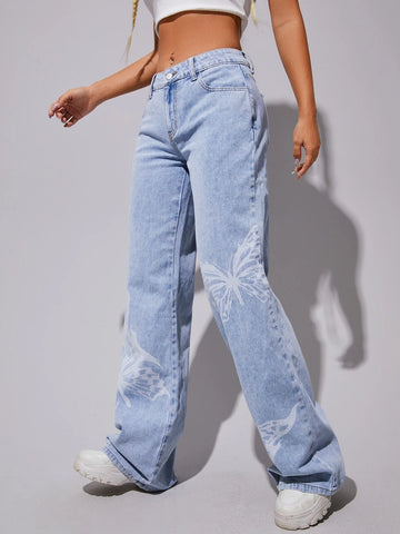 Butterfly Print Wide Leg Jeans Butterfly Print Wide Leg Jeans