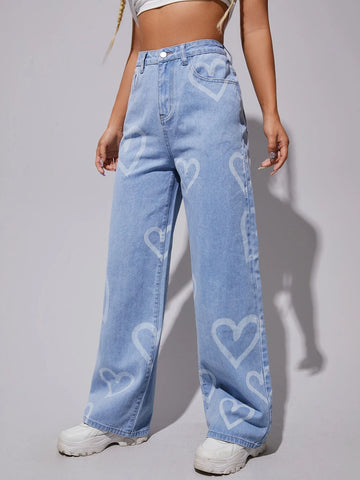 High Waist Heart Print Wide Leg Jeans High Waist Heart Print Wide Leg Jeans
