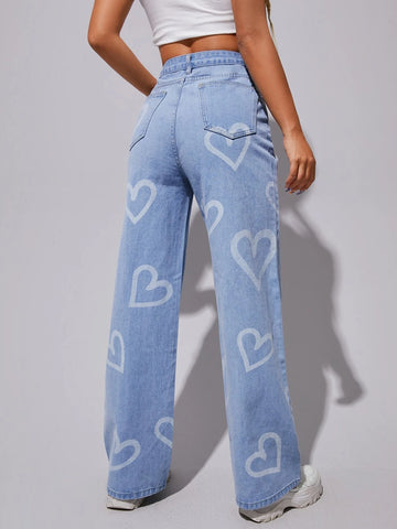 High Waist Heart Print Wide Leg Jeans High Waist Heart Print Wide Leg Jeans