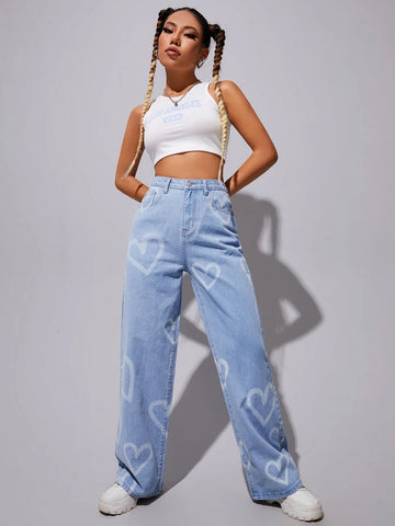 High Waist Heart Print Wide Leg Jeans High Waist Heart Print Wide Leg Jeans