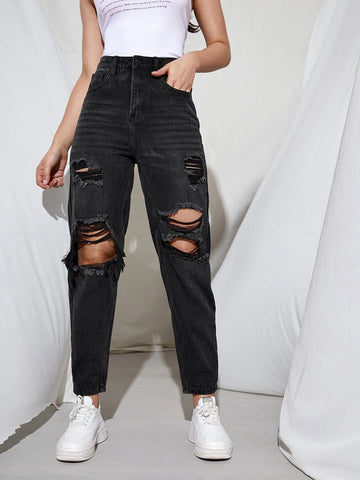High Waist Ripped Cut Out Jeans High Waist Ripped Cut Out Jeans