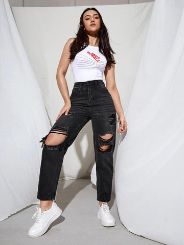 High Waist Ripped Cut Out Jeans High Waist Ripped Cut Out Jeans