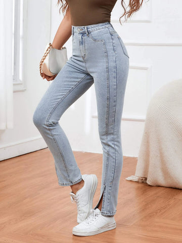 Light Washed Split Hem Jeans Light Washed Split Hem Jeans