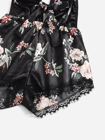 Floral Print Knot Front Eyelash Lace Trim Satin Teddy Bodysuit Floral Print Knot Front Eyelash Lace Trim Satin Teddy Bodysuit