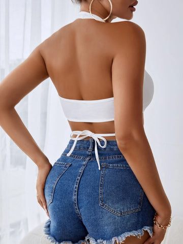 Plunging Neck Tie Backless Crop Halter Top Plunging Neck Tie Backless Crop Halter Top