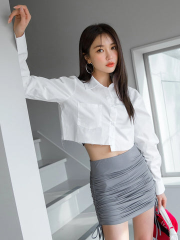 DAZY Button Through Dual Pockets Crop Shirt DAZY Button Through Dual Pockets Crop Shirt