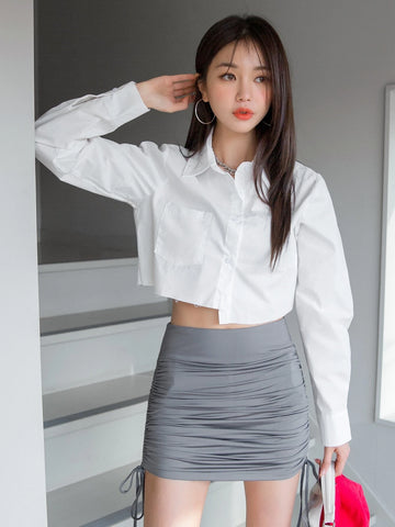 DAZY Button Through Dual Pockets Crop Shirt DAZY Button Through Dual Pockets Crop Shirt