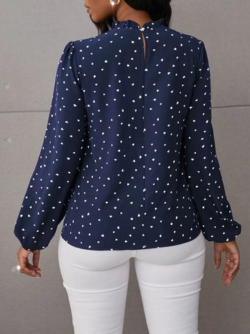 Confetti Heart Print Bishop Sleeve Frilled Neck Blouse Confetti Heart Print Bishop Sleeve Frilled Neck Blouse