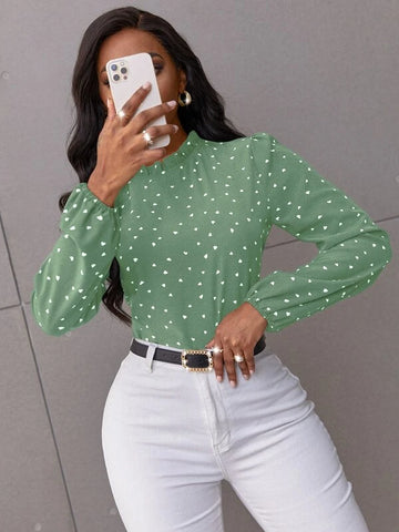 Confetti Heart Print Bishop Sleeve Frilled Neck Blouse Confetti Heart Print Bishop Sleeve Frilled Neck Blouse