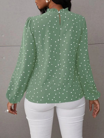Confetti Heart Print Bishop Sleeve Frilled Neck Blouse Confetti Heart Print Bishop Sleeve Frilled Neck Blouse