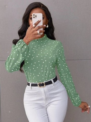Confetti Heart Print Bishop Sleeve Frilled Neck Blouse Confetti Heart Print Bishop Sleeve Frilled Neck Blouse