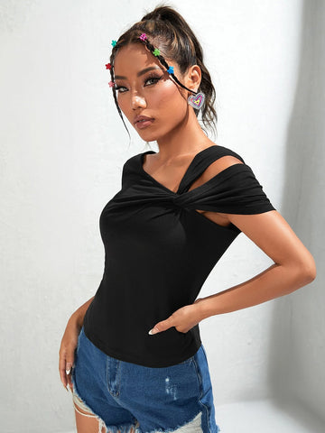 Twist Asymmetrical Neck Solid Tee Twist Asymmetrical Neck Solid Tee