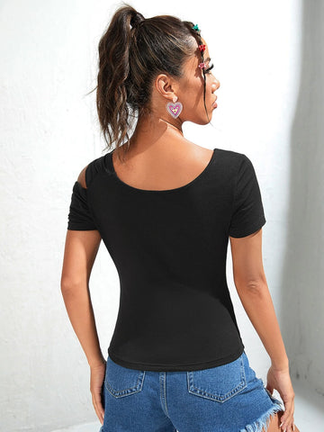 Twist Asymmetrical Neck Solid Tee Twist Asymmetrical Neck Solid Tee
