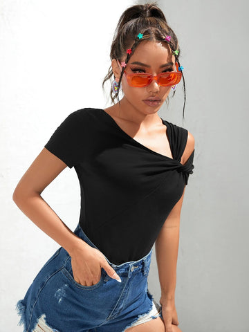 Twist Asymmetrical Neck Solid Tee Twist Asymmetrical Neck Solid Tee