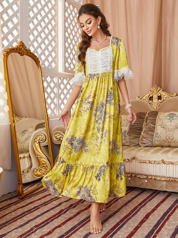 Floral Print Contrast Lace Flounce Sleeve Ruffle Hem Satin Nightdress Floral Print Contrast Lace Flounce Sleeve Ruffle Hem Satin Nightdress