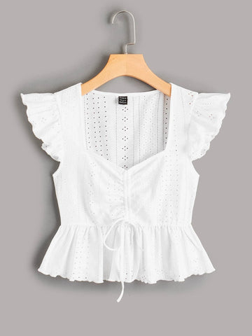 EZwear Butterfly Sleeve Drawstring Peplum Schiffy Blouse EZwear Butterfly Sleeve Drawstring Peplum Schiffy Blouse