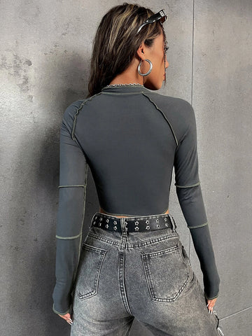 Top-stitching Raglan Sleeve Zipper Crop Tee Top-stitching Raglan Sleeve Zipper Crop Tee