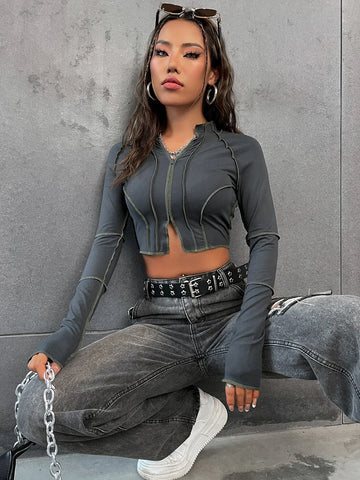 Top-stitching Raglan Sleeve Zipper Crop Tee Top-stitching Raglan Sleeve Zipper Crop Tee