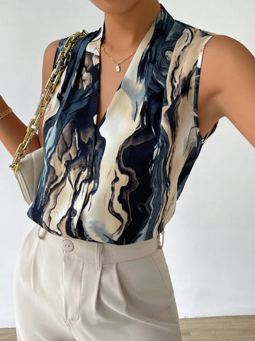Marble Print Button Front Blouse Marble Print Button Front Blouse
