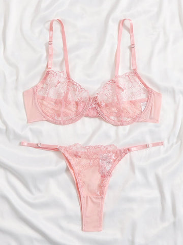 Sheer Mesh Embroidery Underwire Lingerie Set Sheer Mesh Embroidery Underwire Lingerie Set