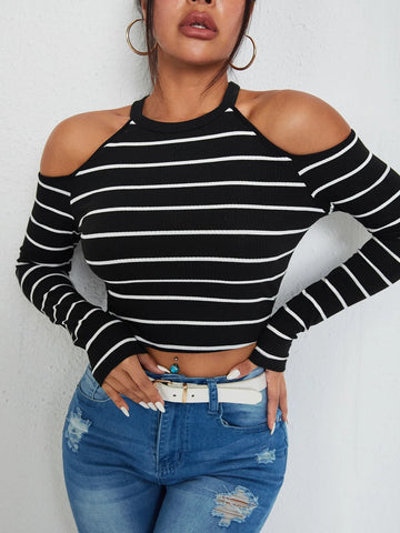 Striped Cold Shoulder Crop Tee Striped Cold Shoulder Crop Tee