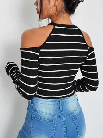 Striped Cold Shoulder Crop Tee Striped Cold Shoulder Crop Tee