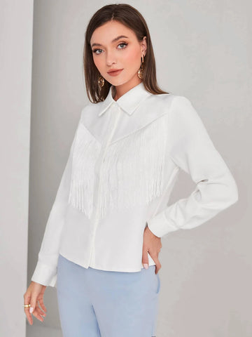 Solid Button Front Fringe Trim Shirt Solid Button Front Fringe Trim Shirt