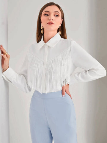 Solid Button Front Fringe Trim Shirt Solid Button Front Fringe Trim Shirt