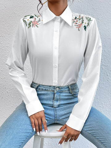 Floral Embroidery Button Front Blouse Floral Embroidery Button Front Blouse