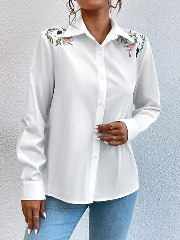Floral Embroidery Button Front Blouse Floral Embroidery Button Front Blouse