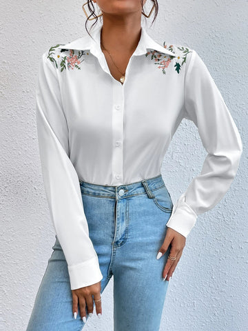 Floral Embroidery Button Front Blouse Floral Embroidery Button Front Blouse