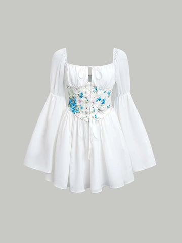 MOD Floral Print Bell Sleeve Corset Waist Tie Front 2 In 1 Dress MOD Floral Print Bell Sleeve Corset Waist Tie Front 2 In 1 Dress