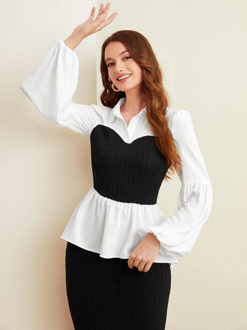 Two Tone Lantern Sleeve Peplum Top Two Tone Lantern Sleeve Peplum Top