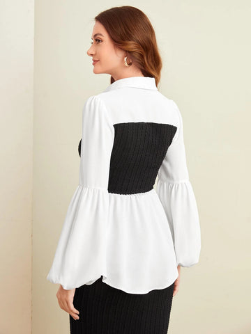 Two Tone Lantern Sleeve Peplum Top Two Tone Lantern Sleeve Peplum Top