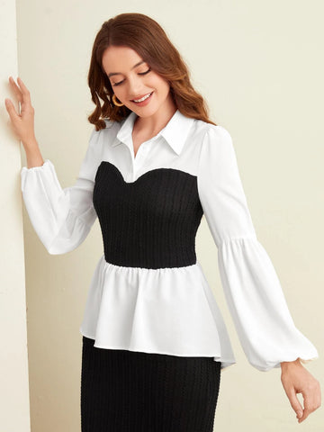 Two Tone Lantern Sleeve Peplum Top Two Tone Lantern Sleeve Peplum Top